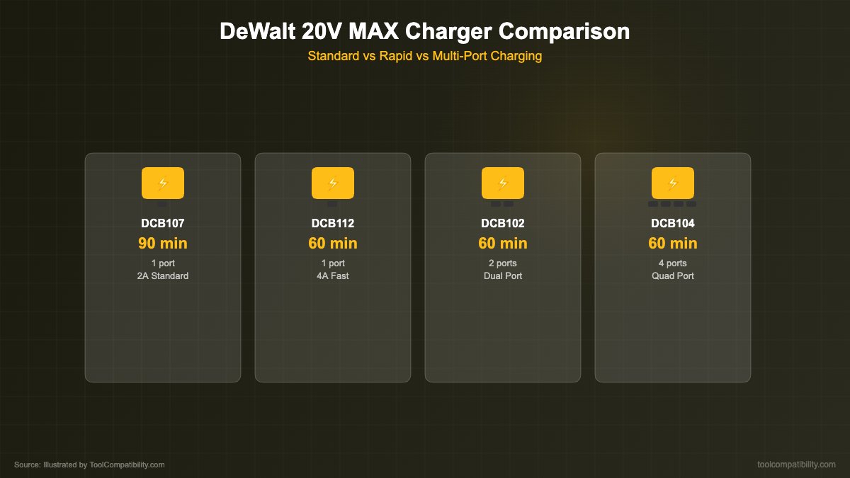 DeWalt 20V MAX charger comparison showing charging times and ports