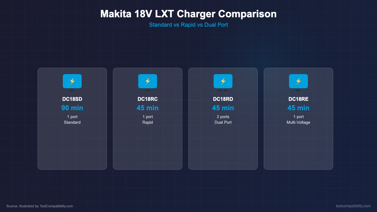 Makita 18V LXT charger comparison showing charging times and ports