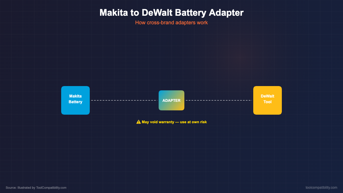 Diagram showing how Makita to DeWalt battery adapters work