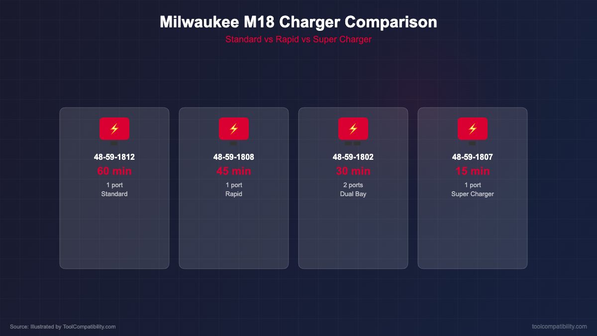 Milwaukee M18 charger comparison showing charging times and ports