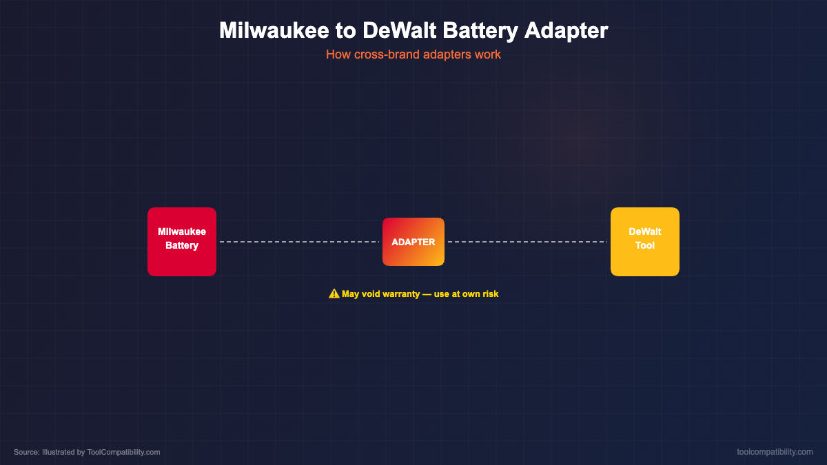 Diagram showing how Milwaukee to DeWalt battery adapters work