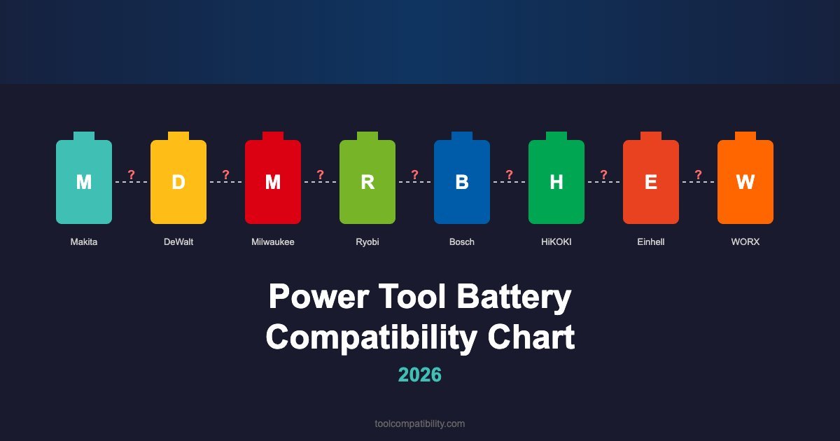 Power tool battery compatibility chart showing which batteries fit which tools across Makita, DeWalt, Milwaukee, Ryobi, Bosch, HiKOKI, Einhell and WORX