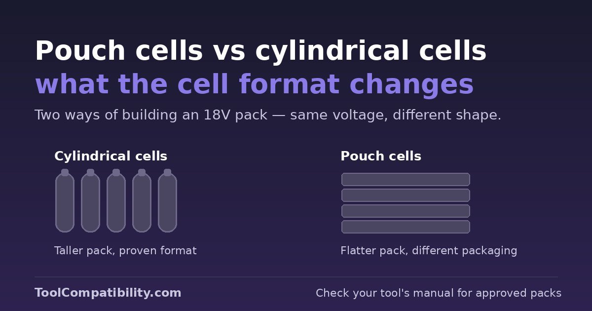 Diagram comparing cylindrical battery cells with pouch cells in an 18V power tool battery pack